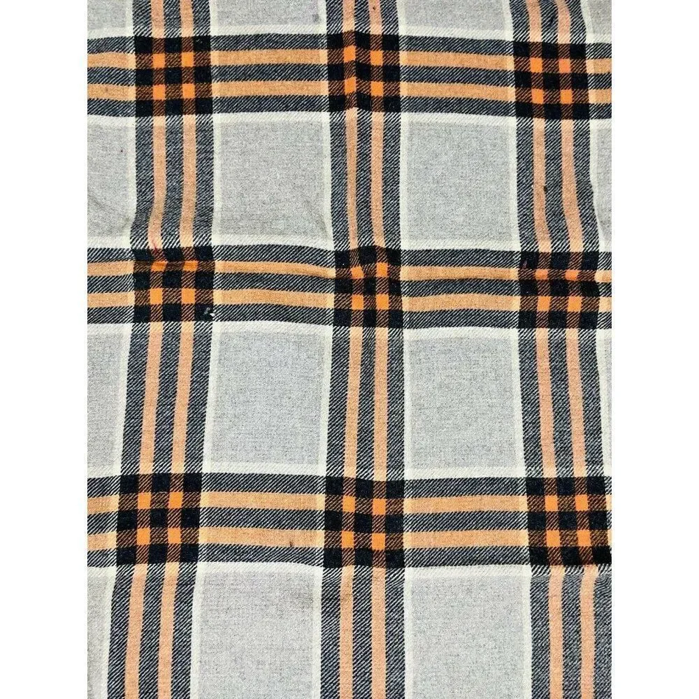 Vtg All Wool British Made Plaid Blanket 65 x 52 Reversible Purple Orange Grey